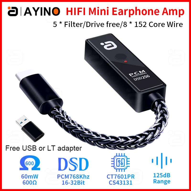 AYINO HIFI Earphone Amplifier 32bit 768kHz USB Digital Decoder 3.5mm Headphone DSD256 Native DAC Amp 600ohm Aux Audi